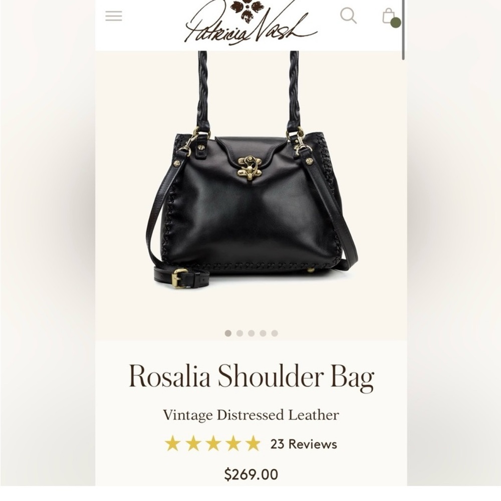 Patricia Nash Black Leather Satchel Handbag with Whipstitch & Brass Hardware